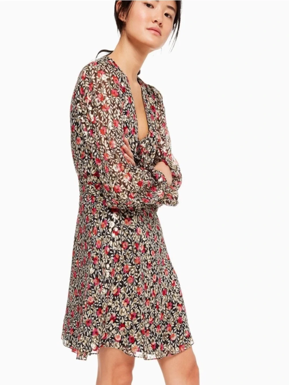 Kate Spade Floral Park Clip Dot Dress Size 6 Silk Long Sleeve Red Gold Black